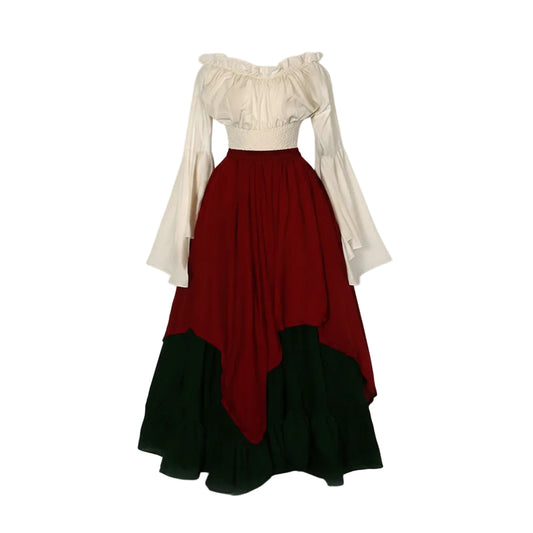 Two-piece outfit with a white top and red and black skirt on a white background