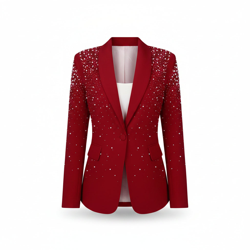 Red sequin blazer worn by a person on a gray background