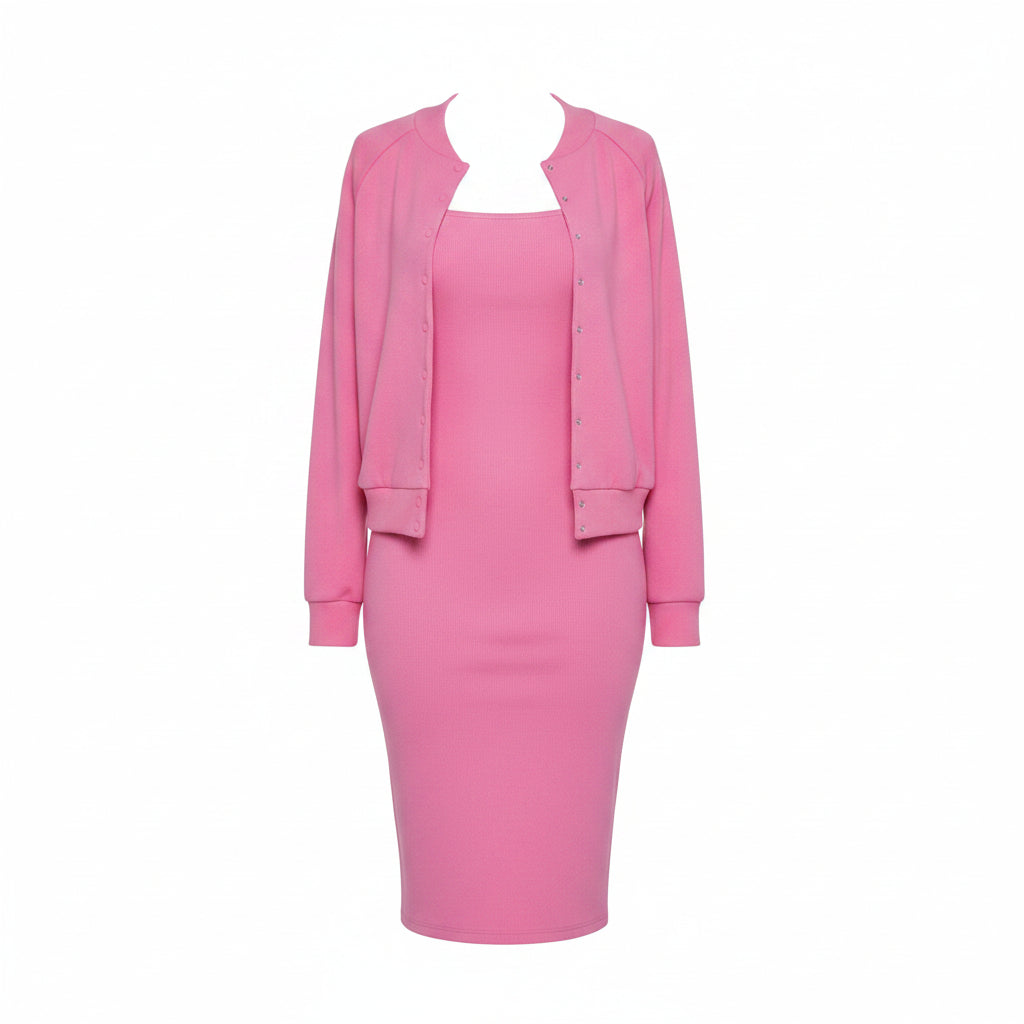 Person wearing a pink outfit standing in front of a white wall.
