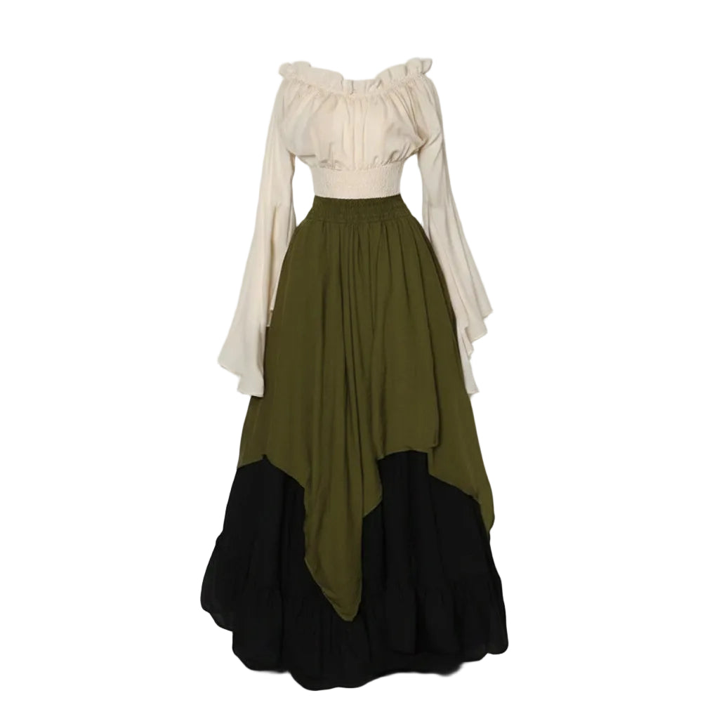 Medieval-style dress with green skirt and beige top on a white background