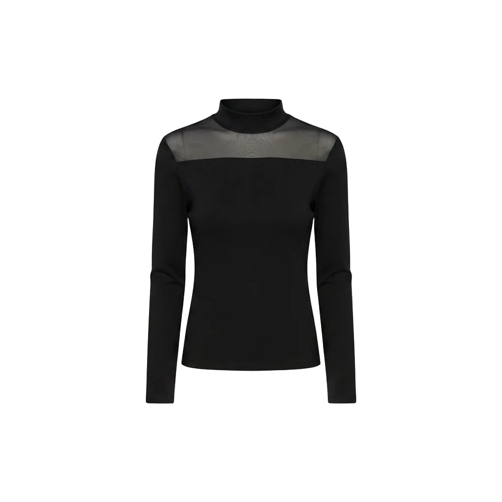 Black mesh long-sleeve top worn by a person, with an inset of flame-like design.