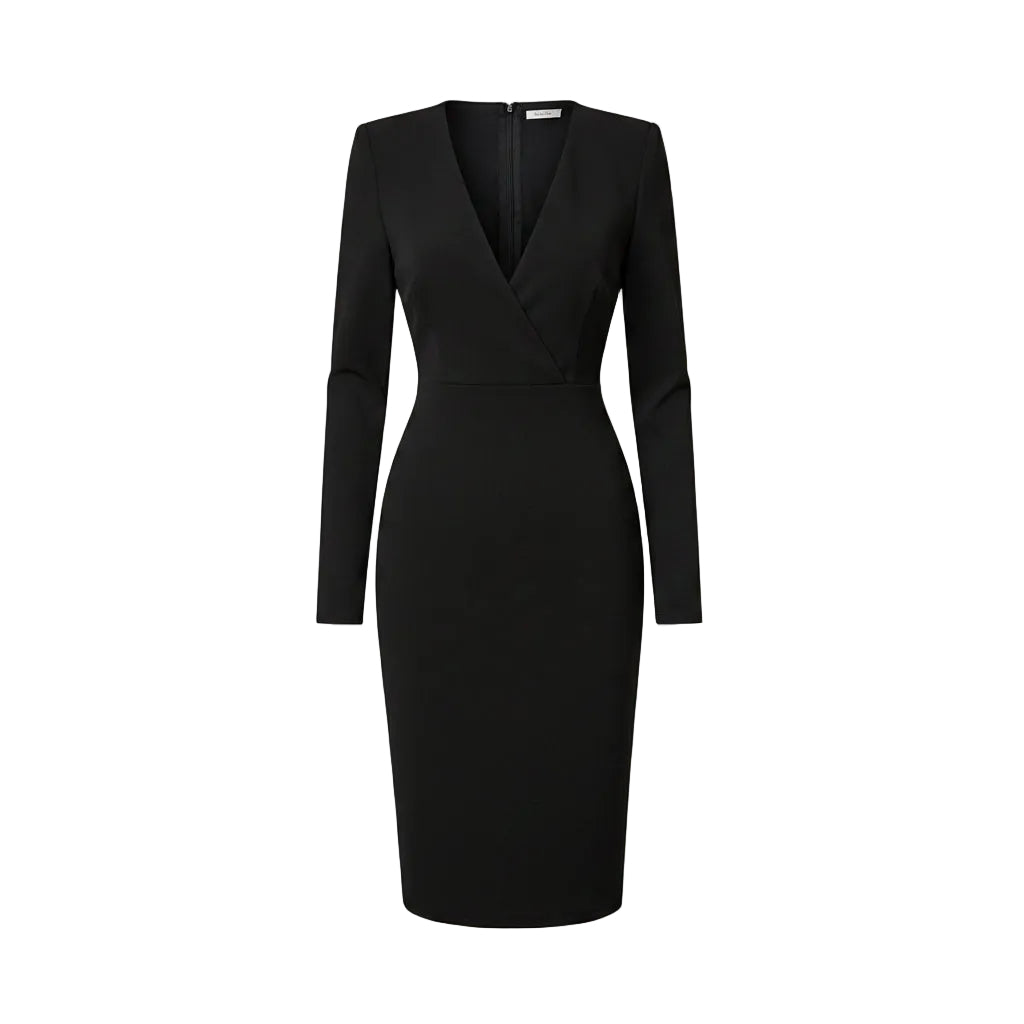 Woman wearing a black dress on a blurred street background