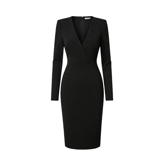 Woman wearing a black dress on a blurred street background