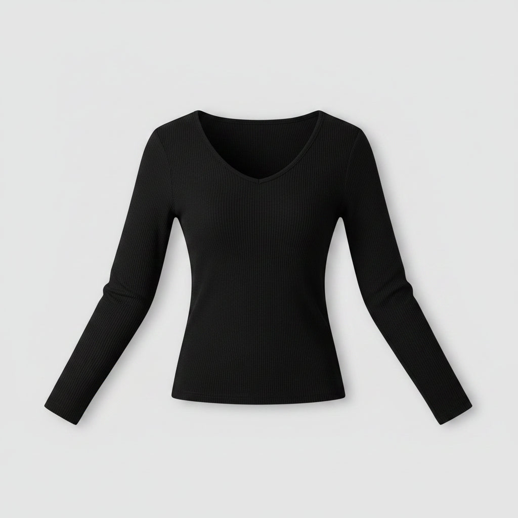 Black long-sleeve top worn by a person with a flame icon on a beige background