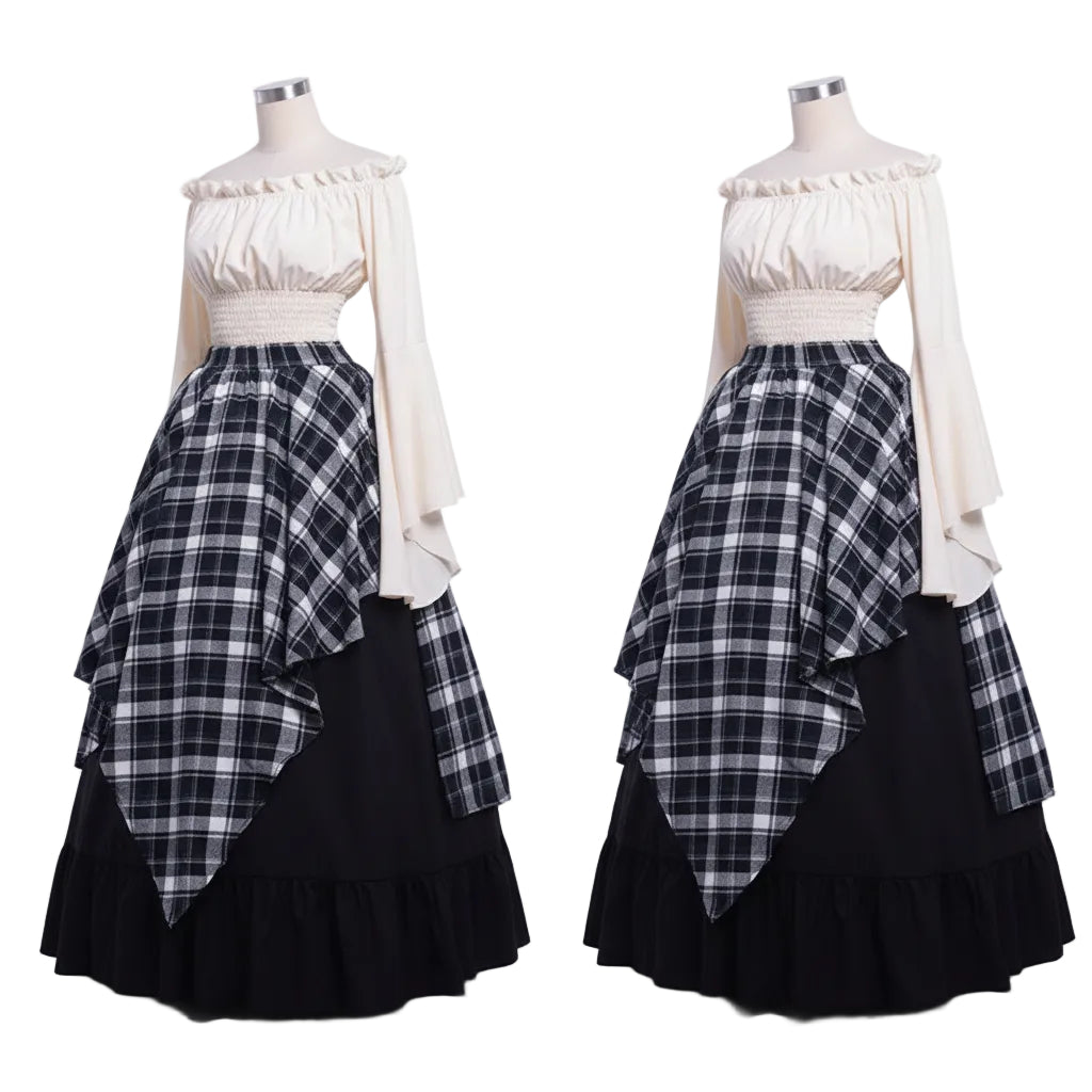 Woman wearing a historical dress with a plaid overlay on a white background