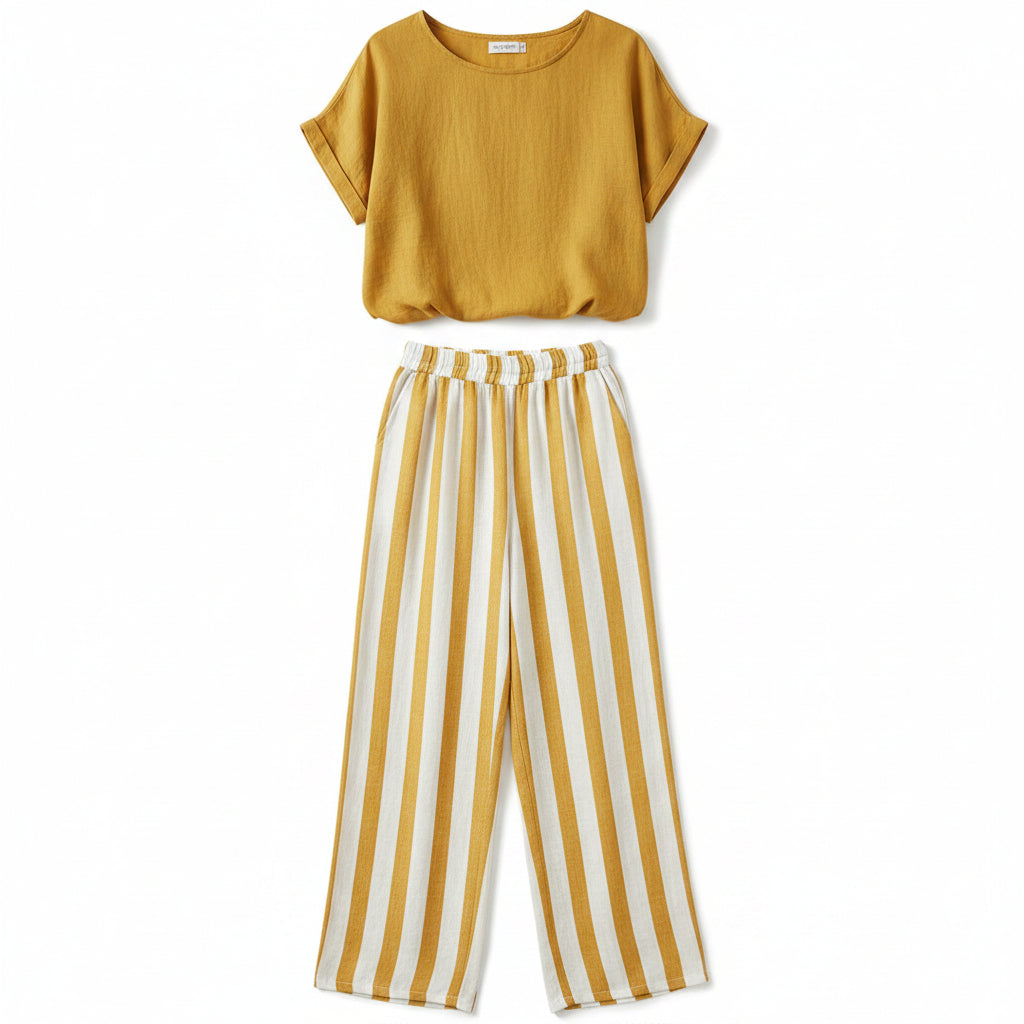 Woman wearing a yellow top and white striped pants against a gray background