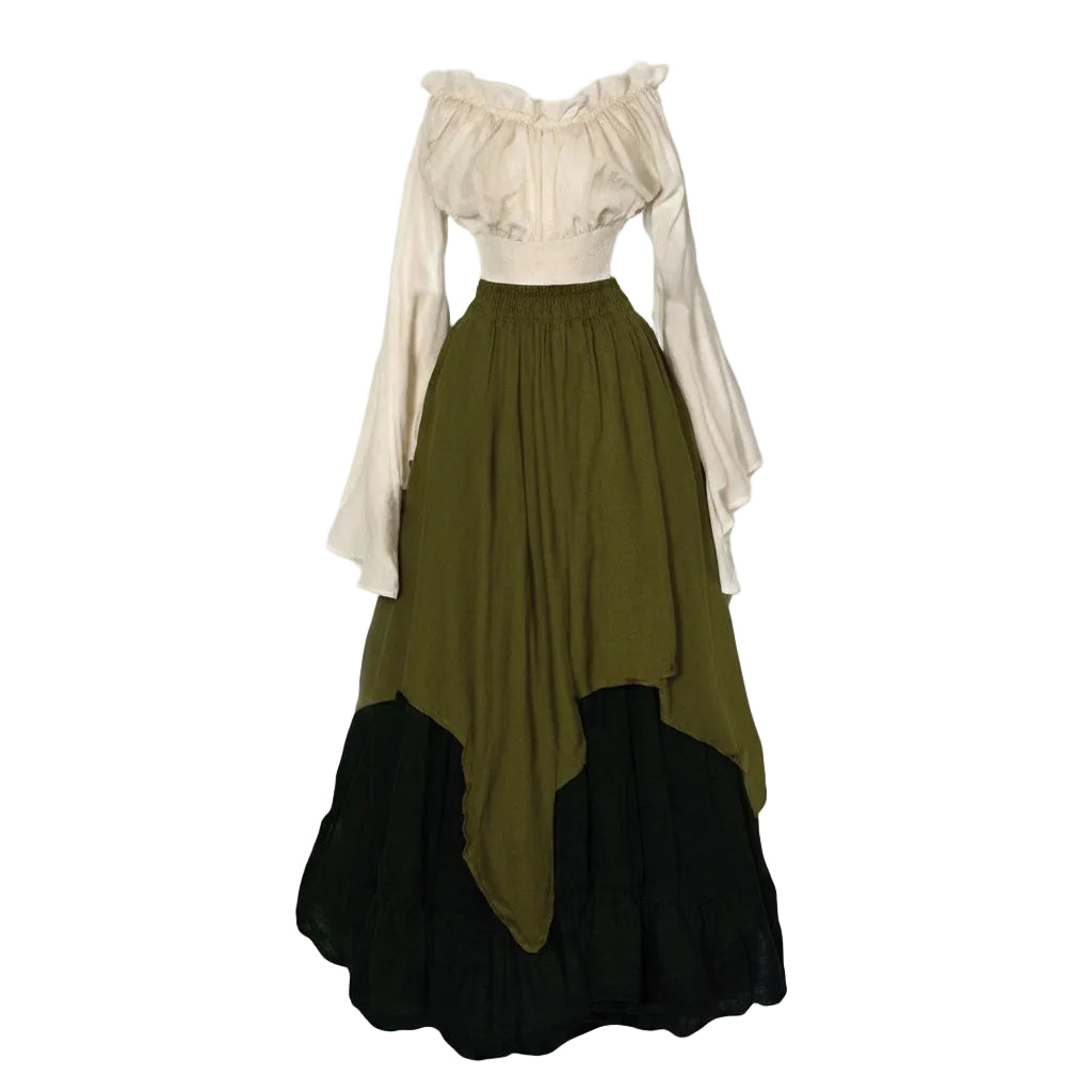 Medieval-style dress with green skirt and beige top on a white background