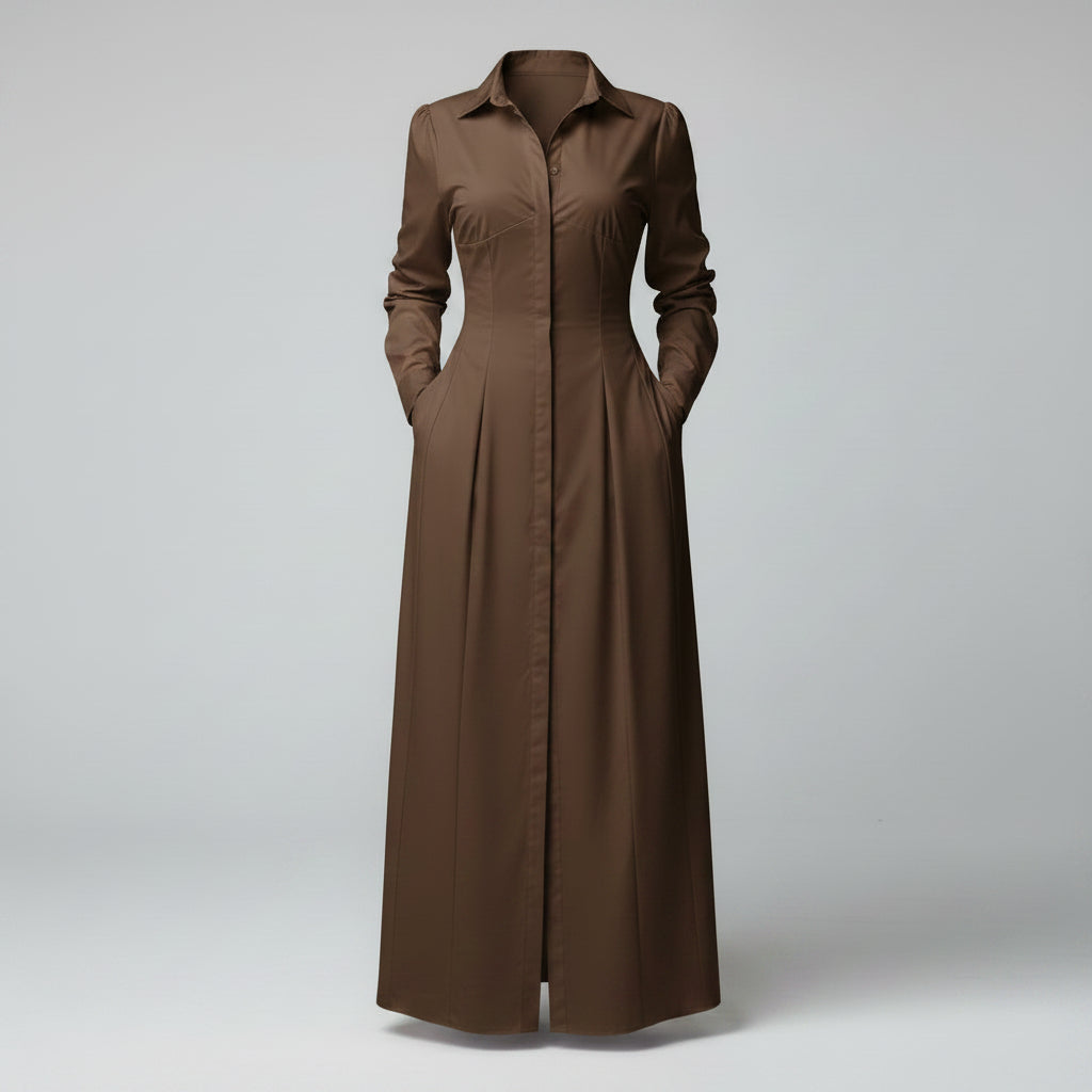 Woman wearing a brown dress with a high slit in a room.