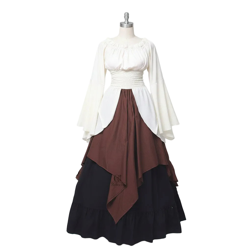 Woman wearing a medieval-style dress with white top, brown waistcoat, and black skirt on a white background