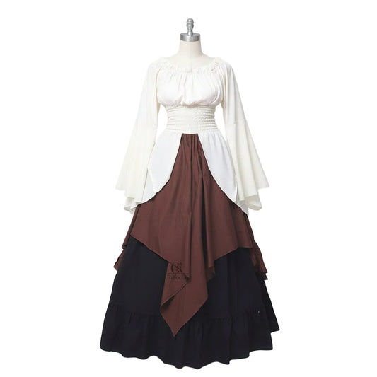 Woman wearing a medieval-style dress with white top, brown waistcoat, and black skirt on a white background