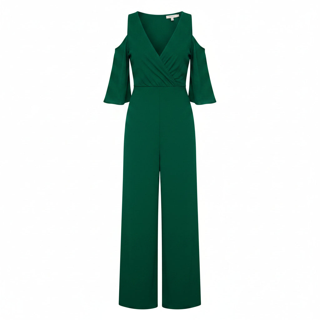 Green evening gown with cut-out shoulders on a white background