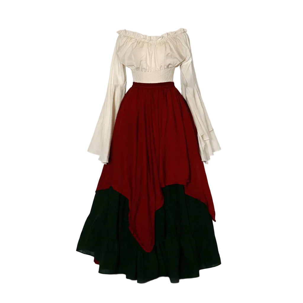Two-piece outfit with a white top and red and black skirt on a white background