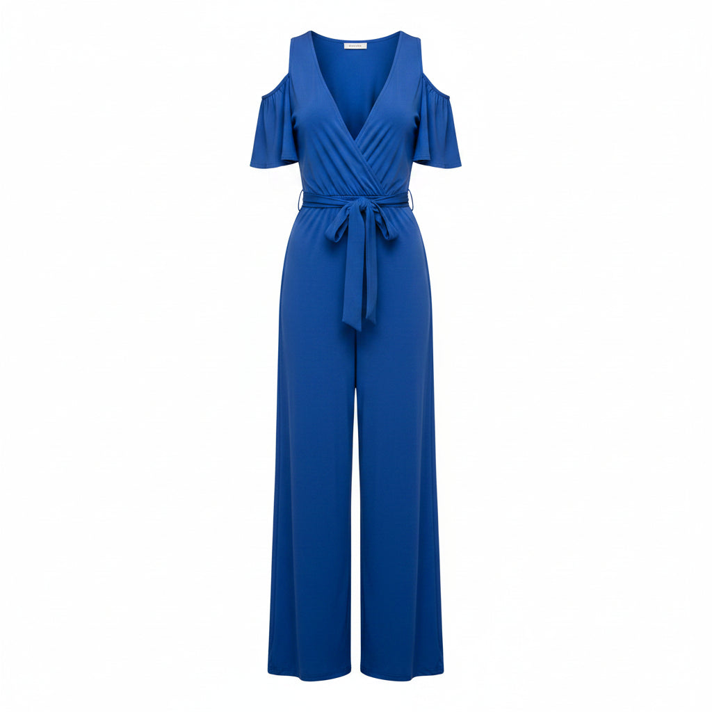 Woman wearing a blue jumpsuit on a white background
