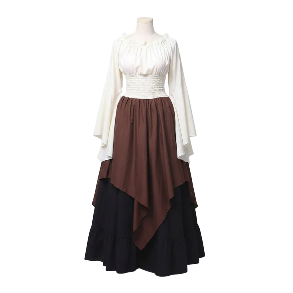 Woman wearing a medieval-style dress with white top, brown waistcoat, and black skirt on a white background