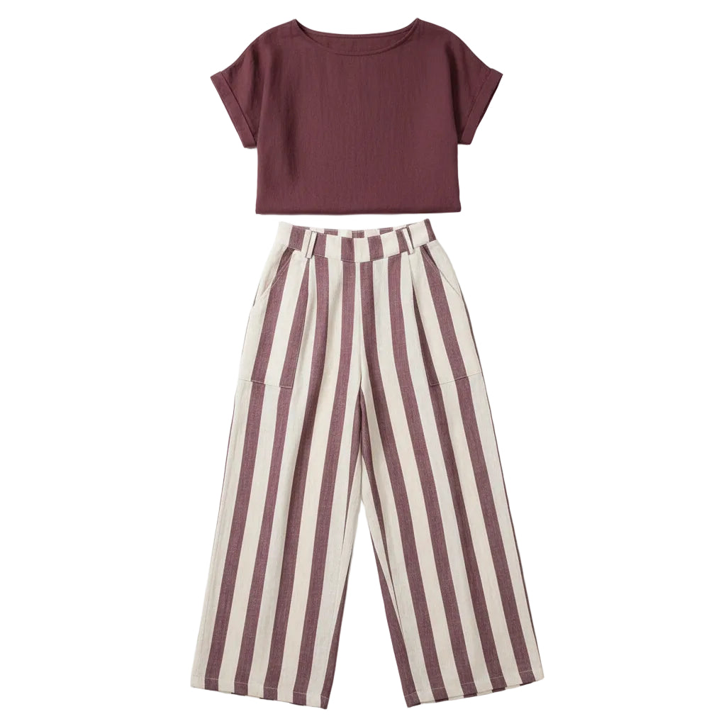 Person wearing a maroon top and striped pants against a gray background