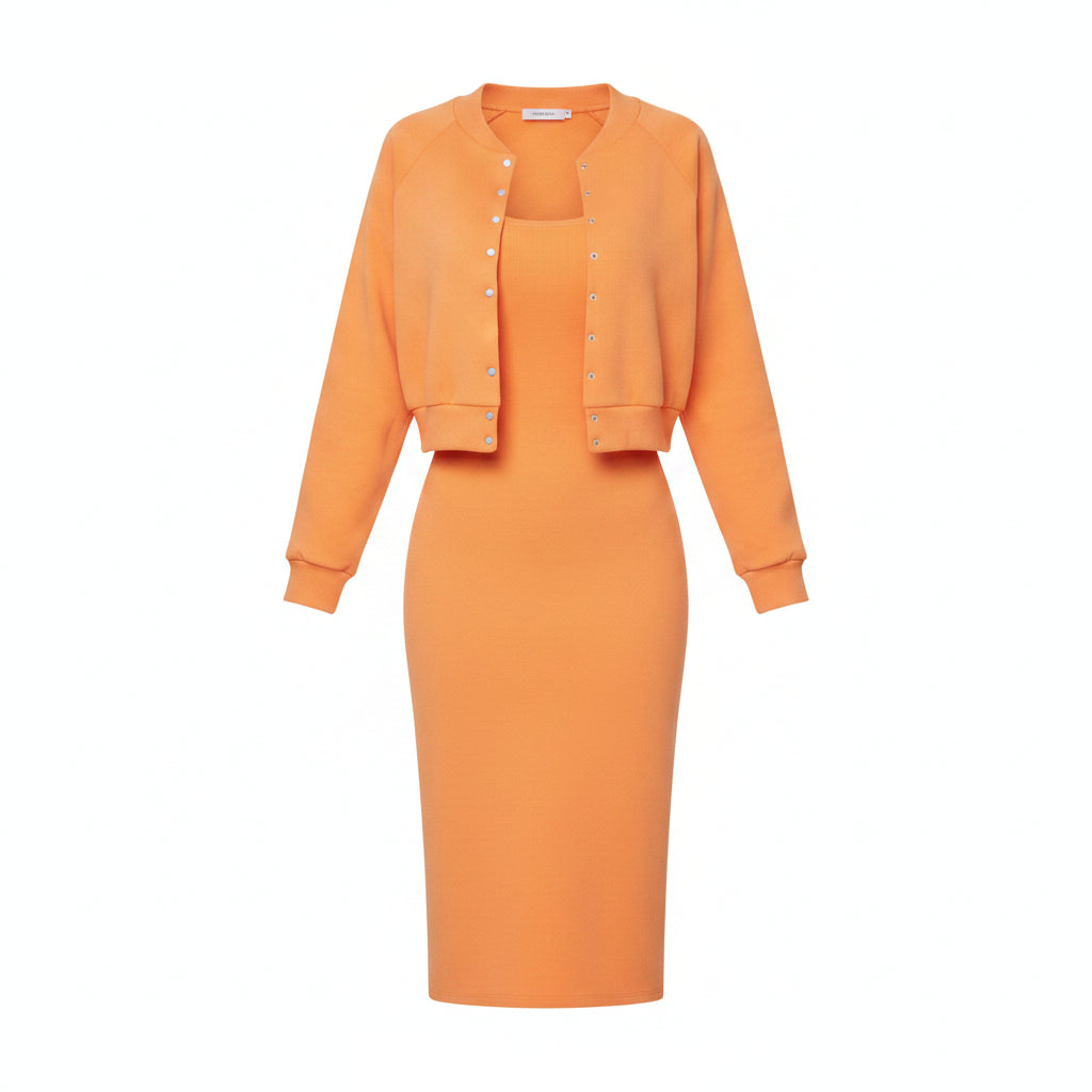 Person wearing an orange outfit with a jacket against a white wall.